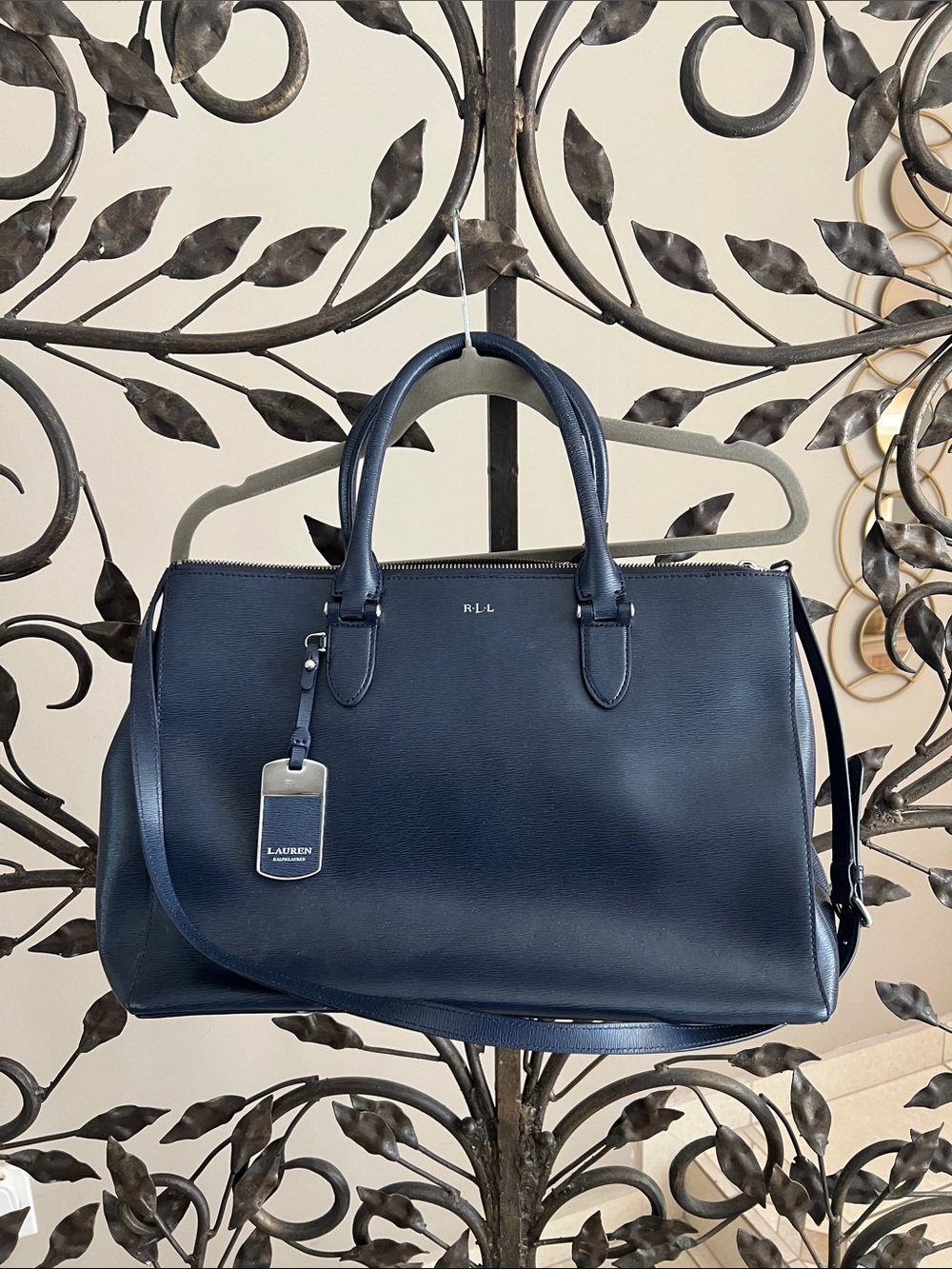 Ralph Lauren Navy Leather Duffel Satchel with Luggage Tag